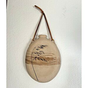Vtg Jimmy Floyd Art Pottery Hanging Canteen Vase Impressed Bended Leaf Design